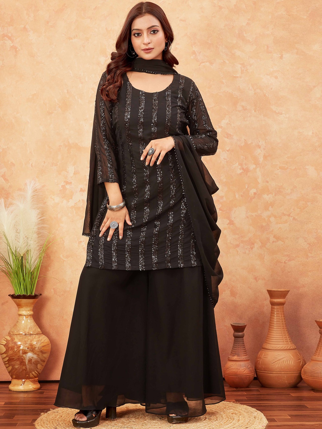 

CHANSI Georgette Sequinned Straight Kurta With Palazzo & Dupatta, Black