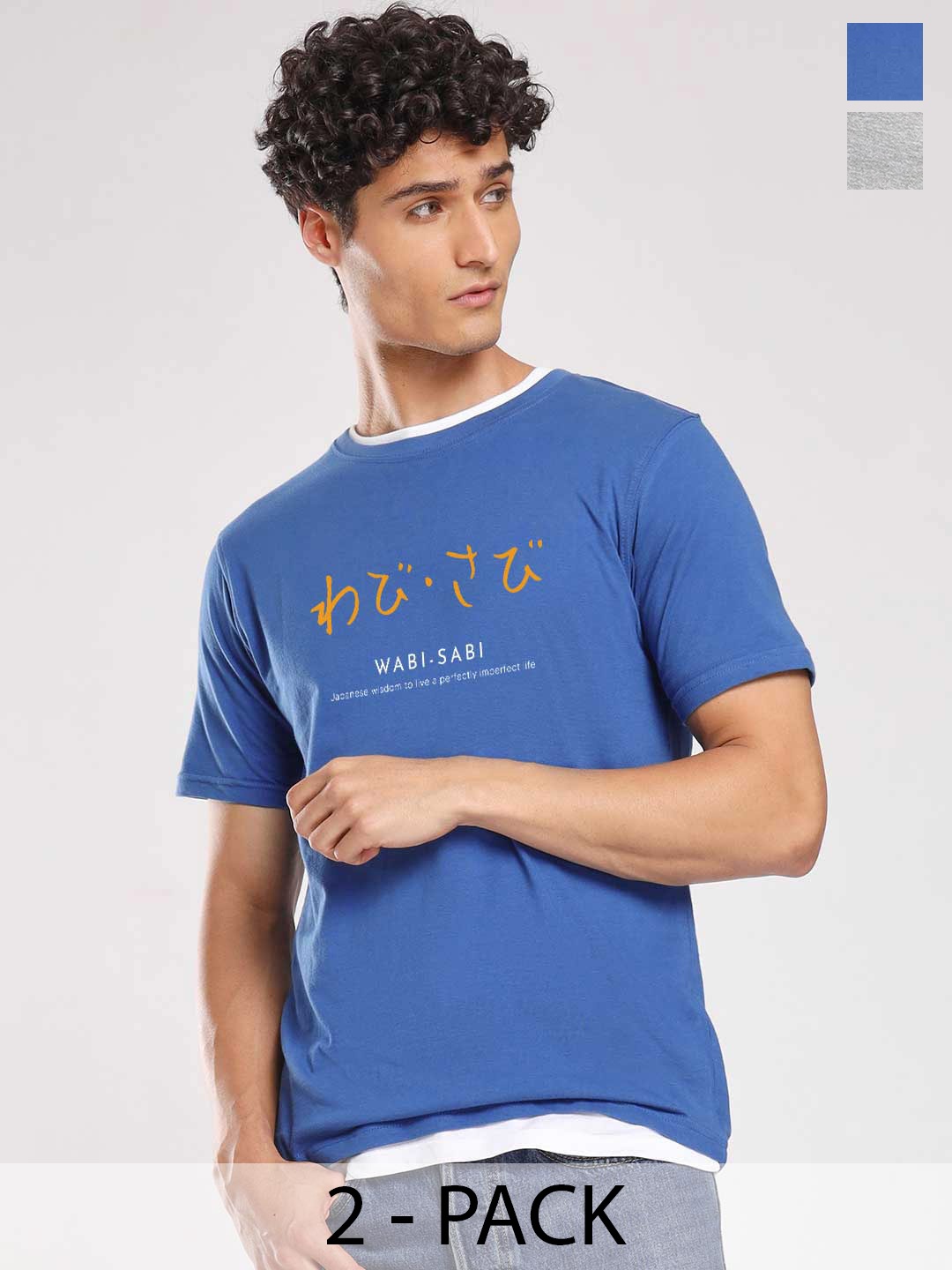 

NOBERO Pack Of 2 Cotton Printed Regular Fit T-Shirts, Grey melange