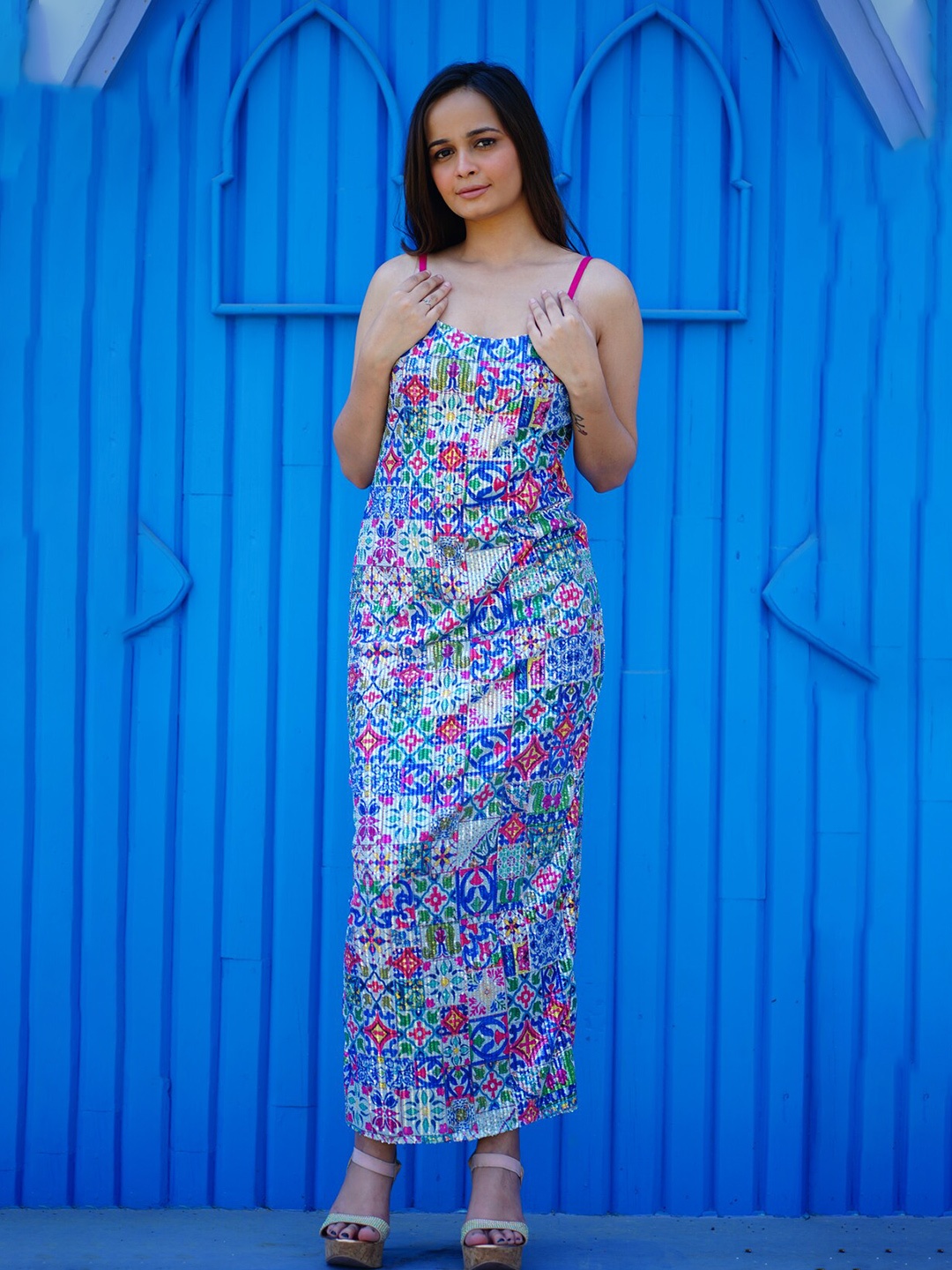 

Rajoria Instyle Ethnic Motifs Printed Sequined Maxi Sheath Dress, White