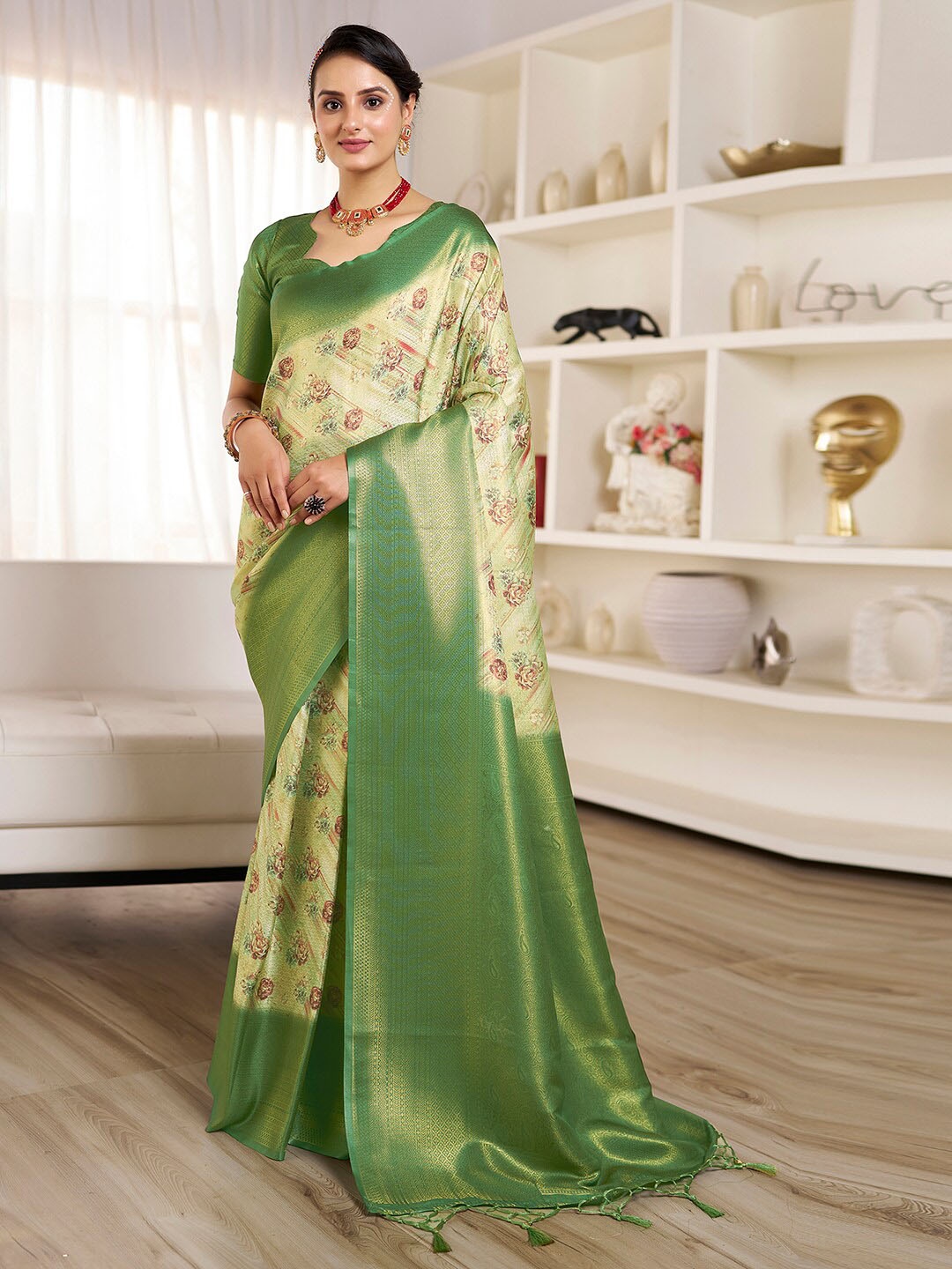 

Mitera Lime Green Floral Zari Banarasi Saree