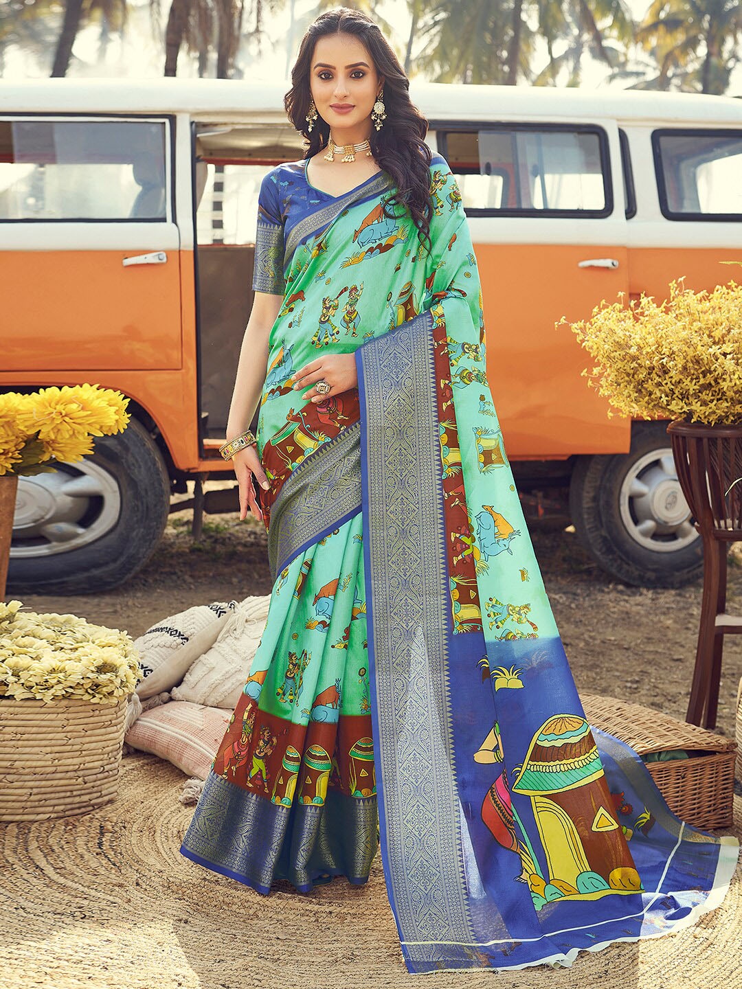 

Mitera Turquoise Blue Ethnic Motifs Zari Ready to Wear Maheshwari Saree