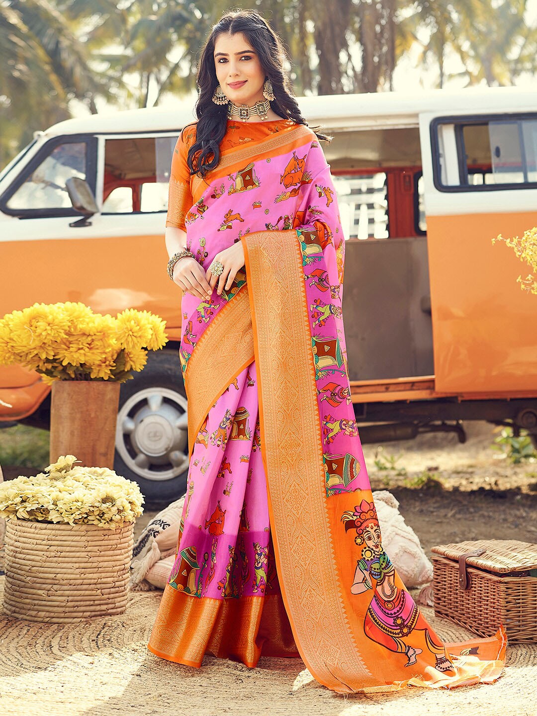 

Mitera Pink Ethnic Motifs Zari Maheshwari Ready To Wear Saree