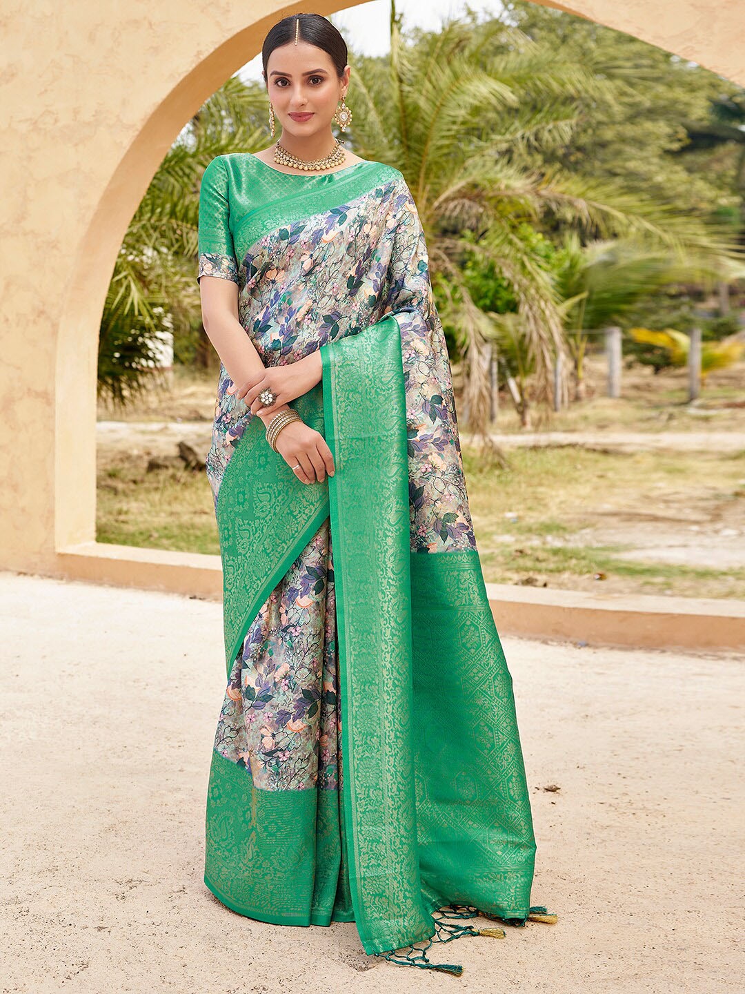 

Mitera Green Floral Printed Zari Banarasi Ready To Wear Saree, Teal