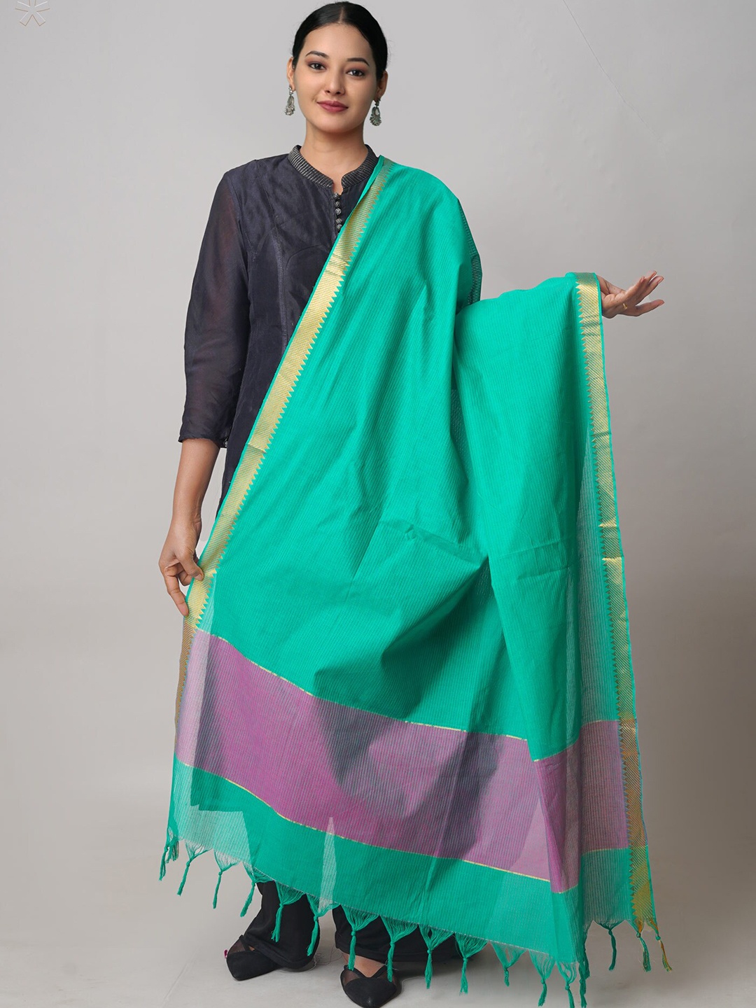 

Unnati Silks Striped Pure Mangalagiri Cotton Zari Dupatta, Green