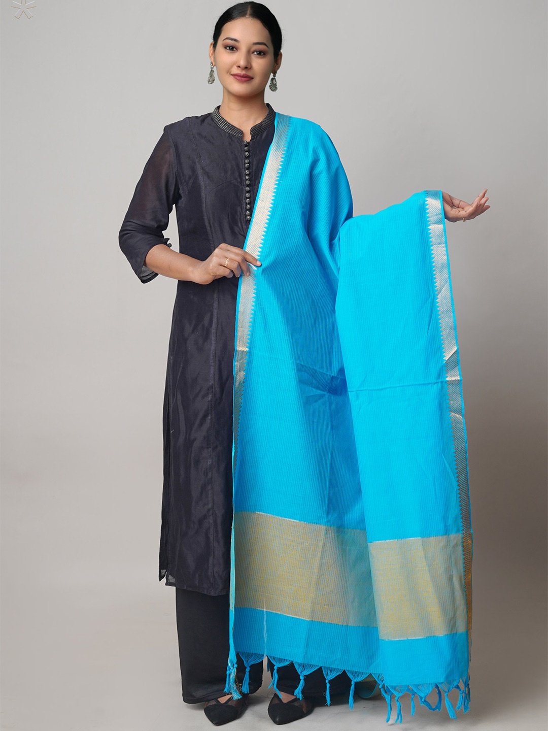 

Unnati Silks Striped Pure Mangalagiri Cotton Dupatta with Zari, Blue