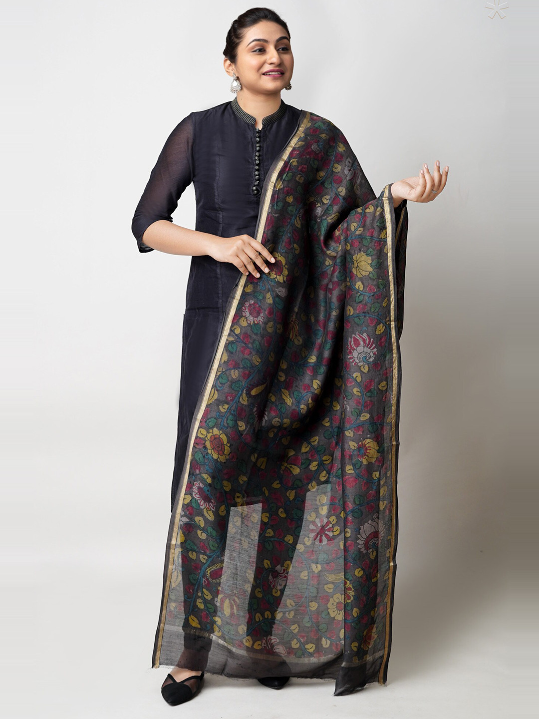 

Unnati Silks Ethnic Motifs Printed Cotton Silk Kalamkari Dupatta, Brown