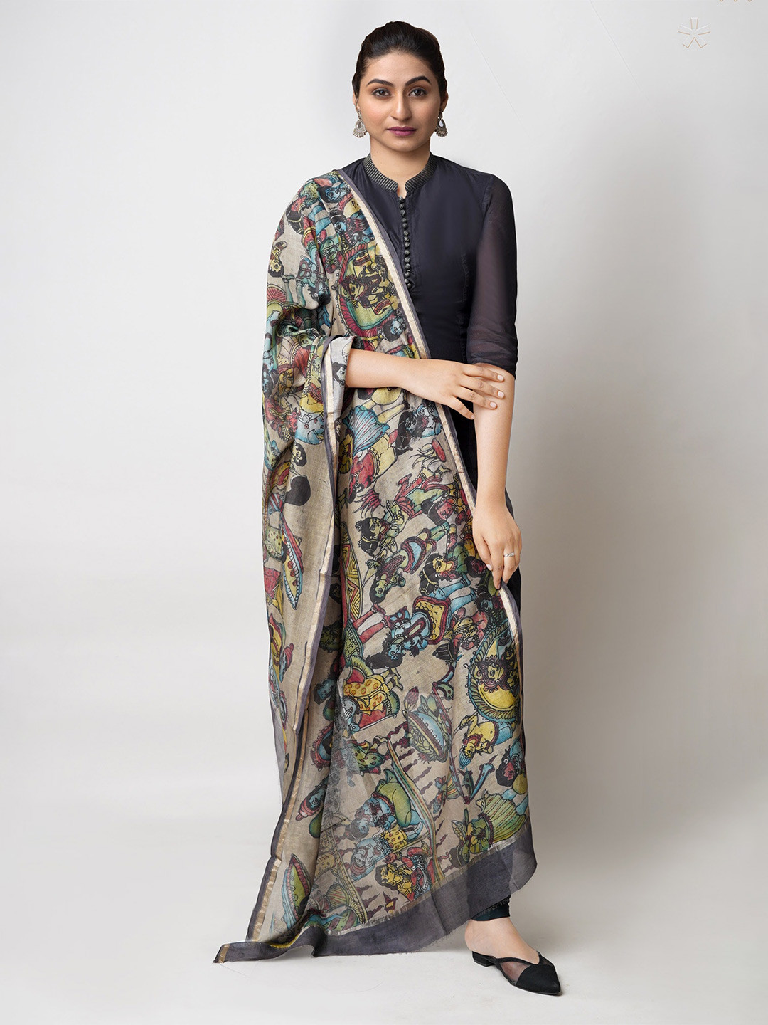 

Unnati Silks Ethnic Motifs Printed Cotton Silk Kalamkari Dupatta, Grey