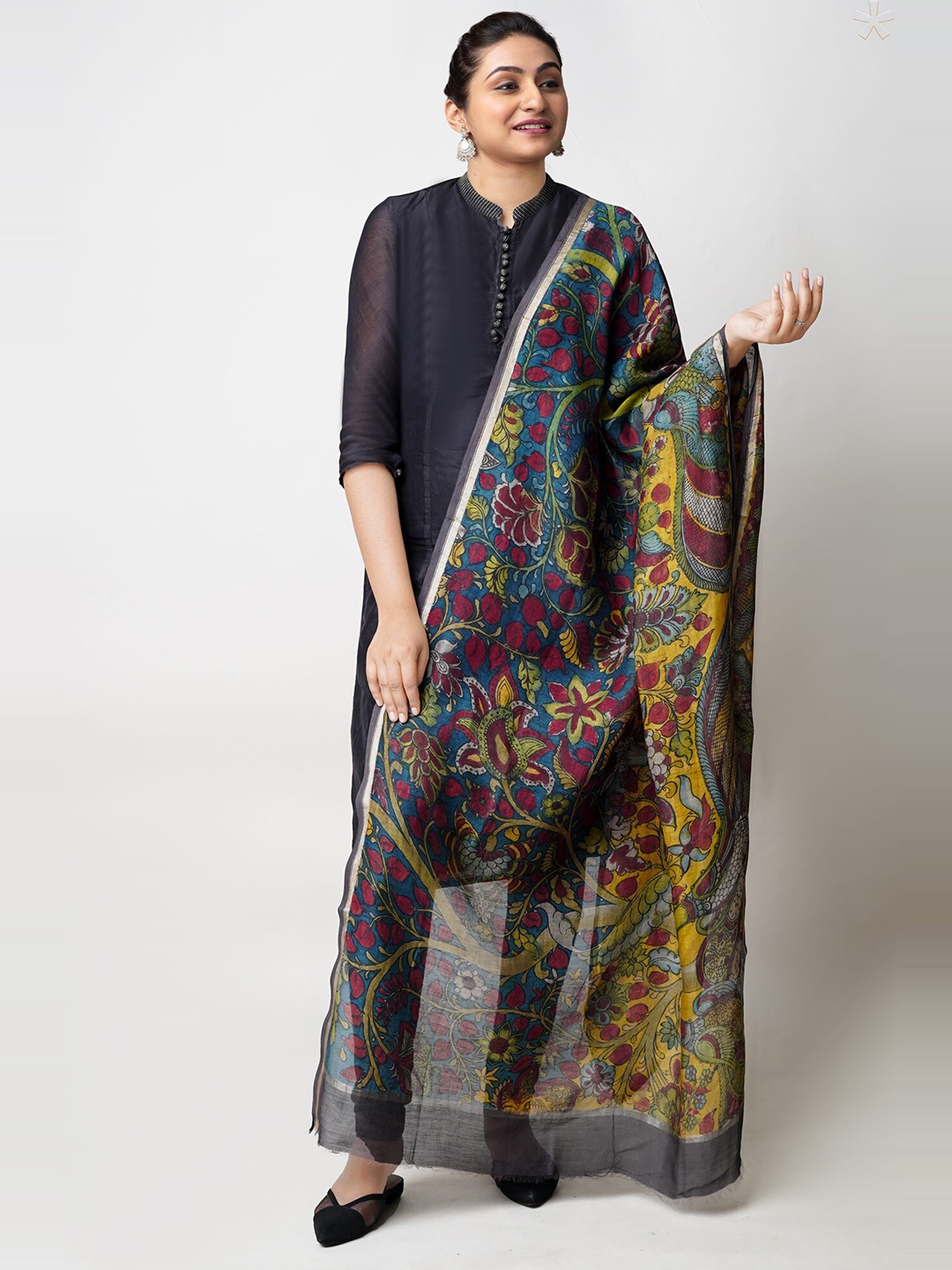 

Unnati Silks Ethnic Motifs Printed Cotton Silk Kalamkari Dupatta, Blue