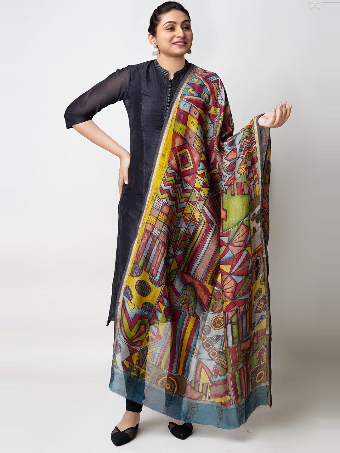 

Unnati Silks Ethnic Motifs Printed Cotton Silk Kalamkari Dupatta, Black
