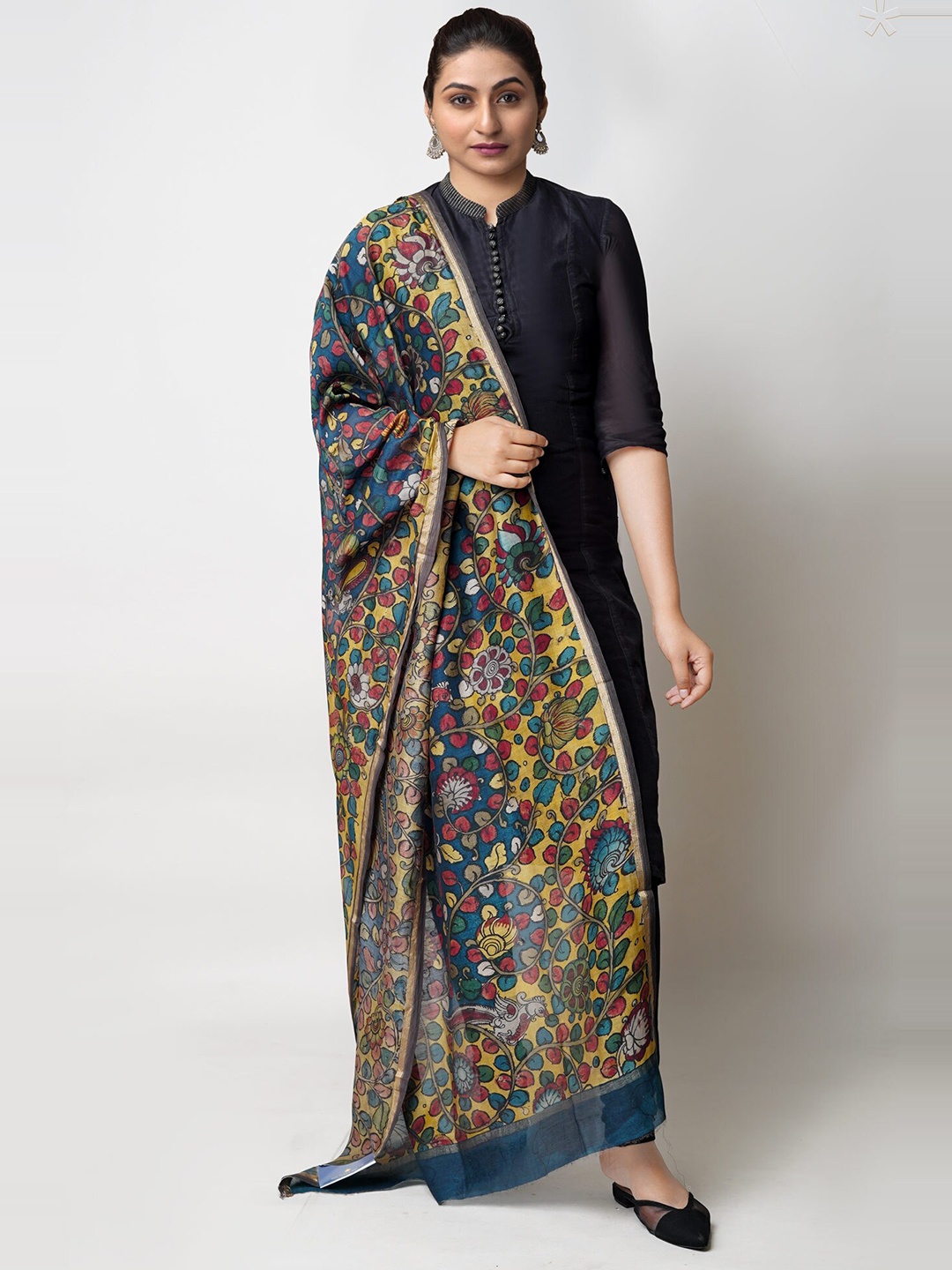 

Unnati Silks Printed Cotton Silk Kalamkari Zari Dupatta, Blue