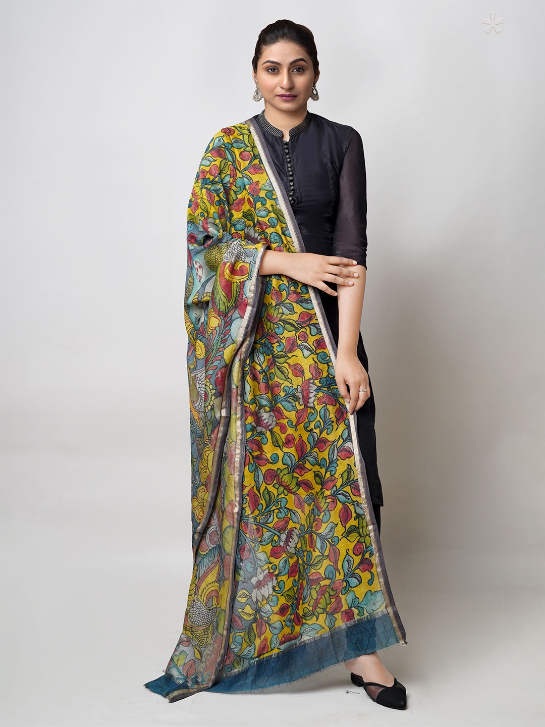 

Unnati Silks Ethnic Motifs Printed Cotton Silk Kalamkari Dupatta, Yellow