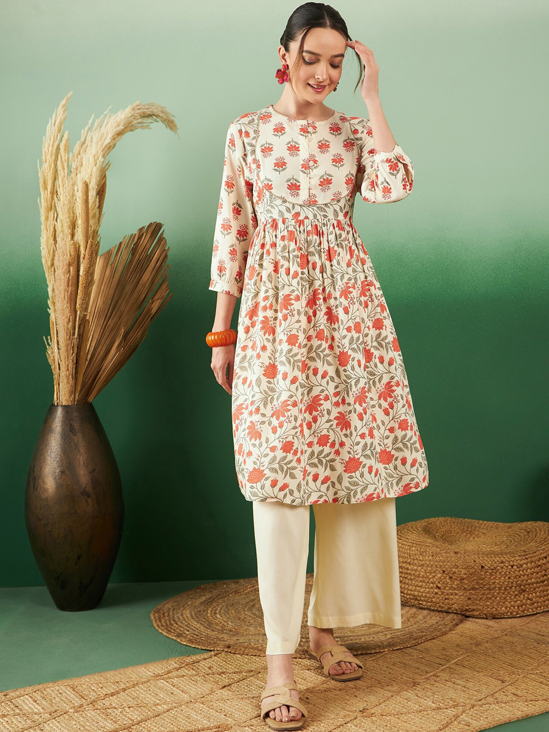 

Sangria Floral Printed Pure Cotton Anarkali Kurta With Palazzos, Off white