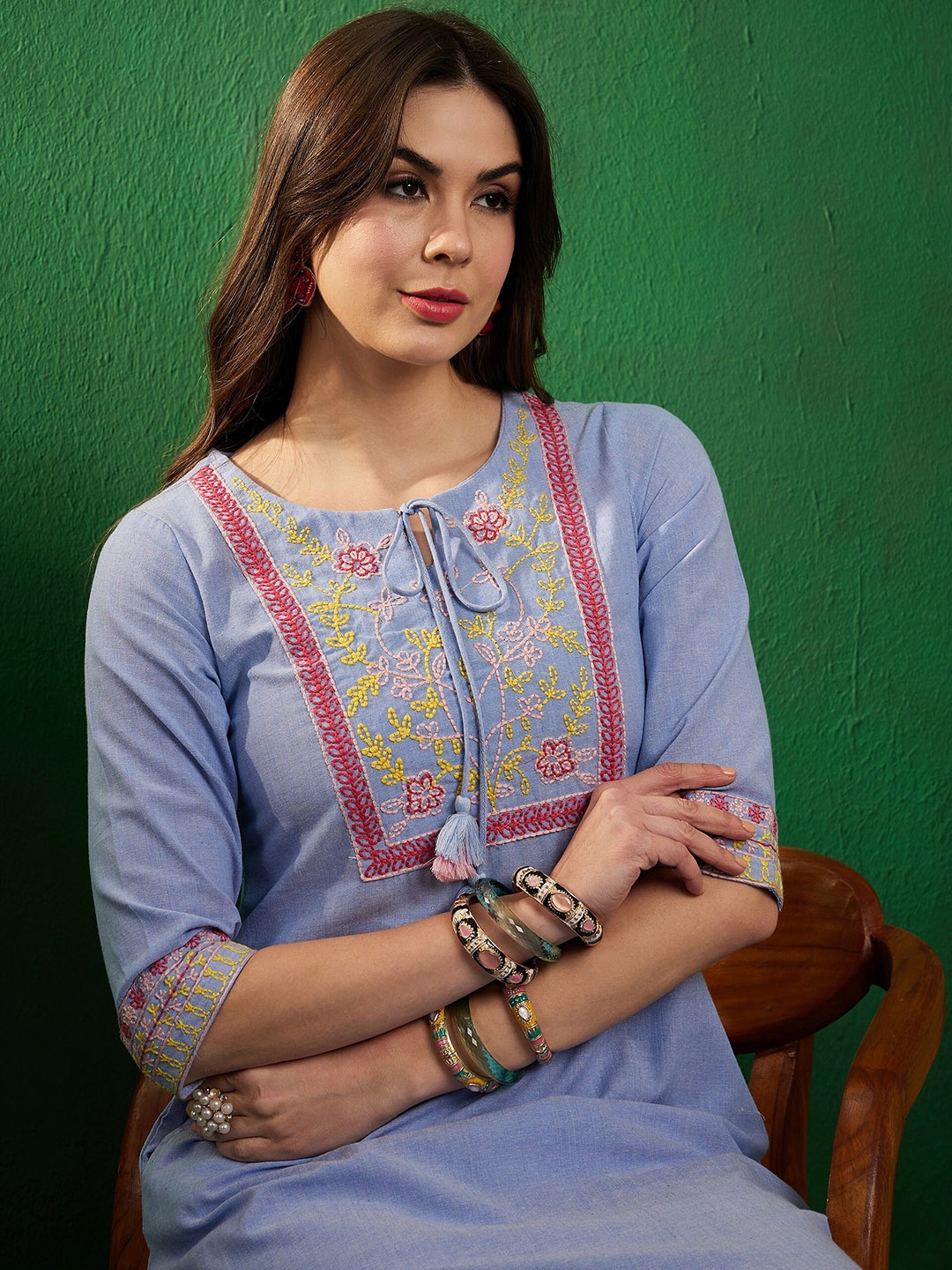 

Sangria Embroidered Pure Cotton Round Neck Straight Kurta With Trousers, Blue