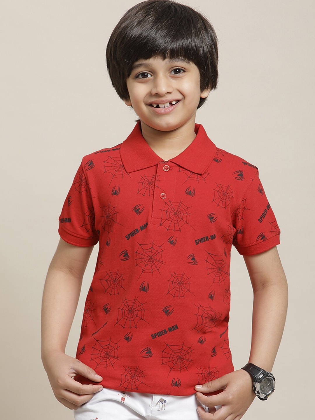 

Kids Ville Boys Spiderman Printed Polo Collar Pure Cotton T-Shirt, Red