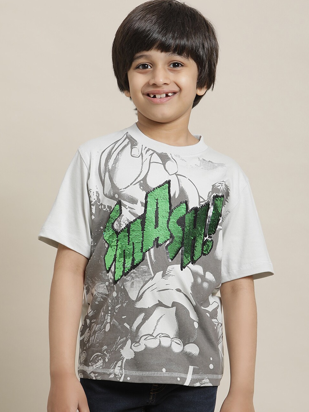 

Kids Ville Boys Hulk Printed Round Neck Pure Cotton T-shirt, Grey