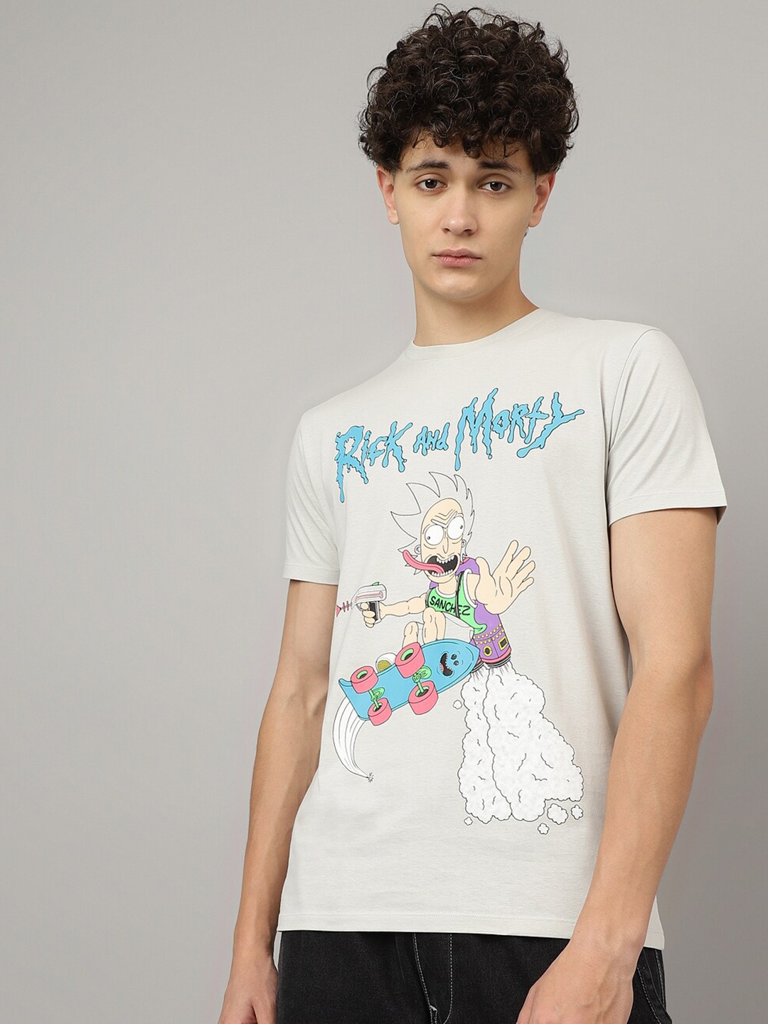 Free Authority Rick & Morty Printed Regular Fit Pure Cotton T-shirt, Grey