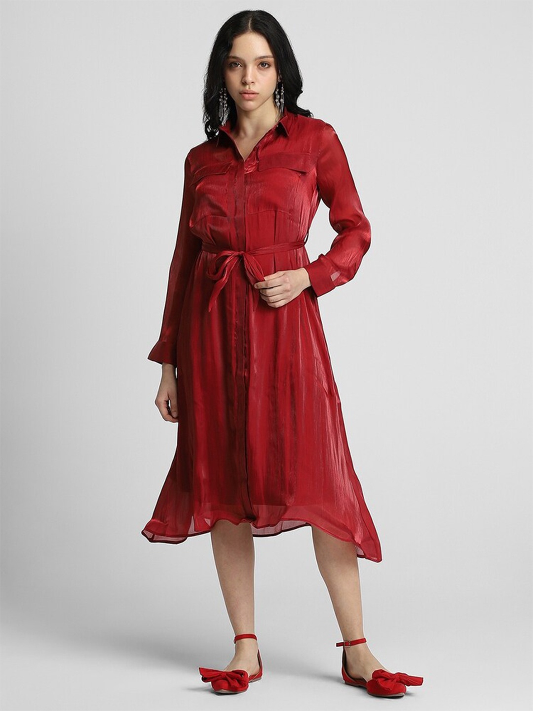 

FOREVER 21 Cuffed Sleeves Fit & Flare Midi Dress, Red