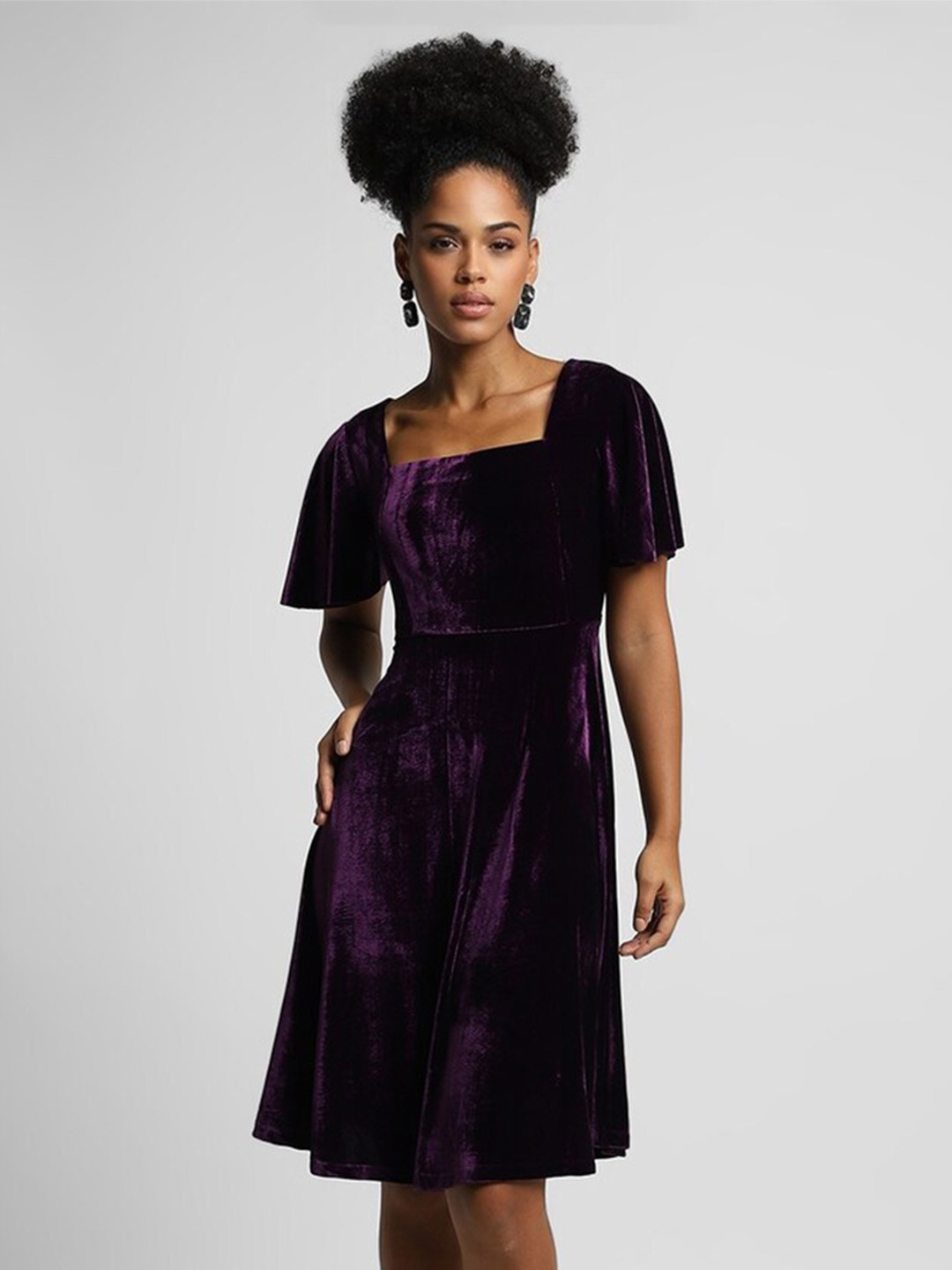 

FOREVER 21 Square Neck Flared Sleeves Fit & Flare Dress, Purple