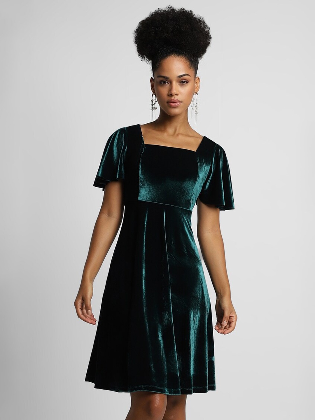 

FOREVER 21 Square Neck Flared Sleeves A-Line Dress, Green