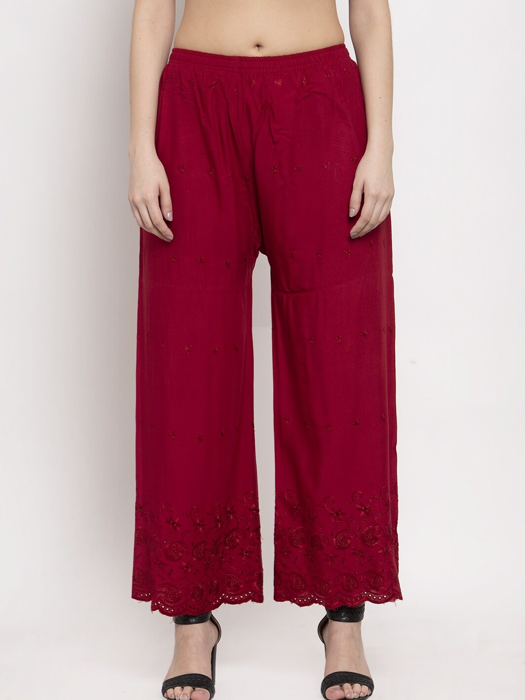 

Miaz Lifestyle Straight Ethnic Motifs Embroidered Chambray Palazzos, Maroon