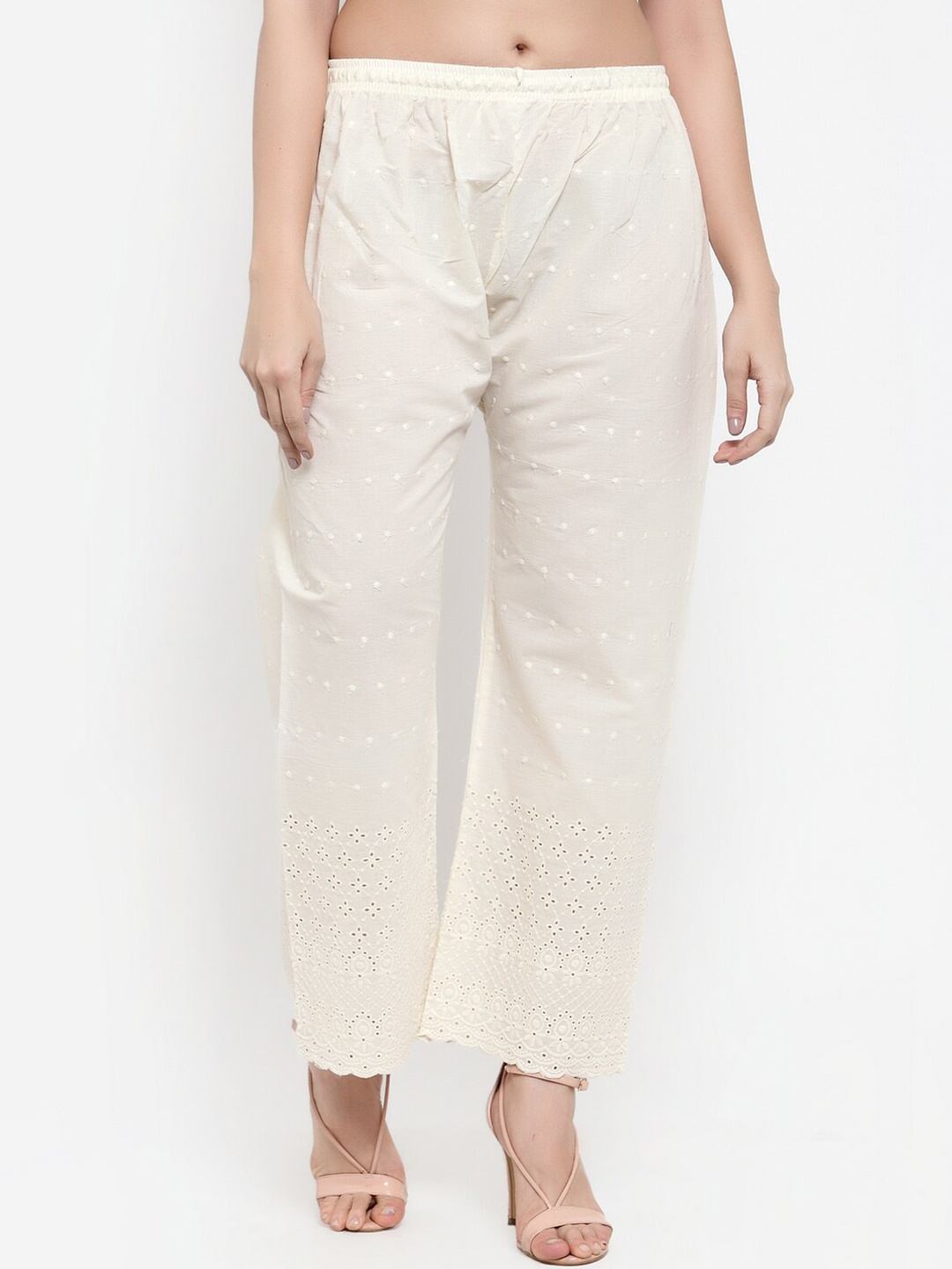 

Miaz Lifestyle Straight Floral Embroidered Chambray Palazzos, Off white