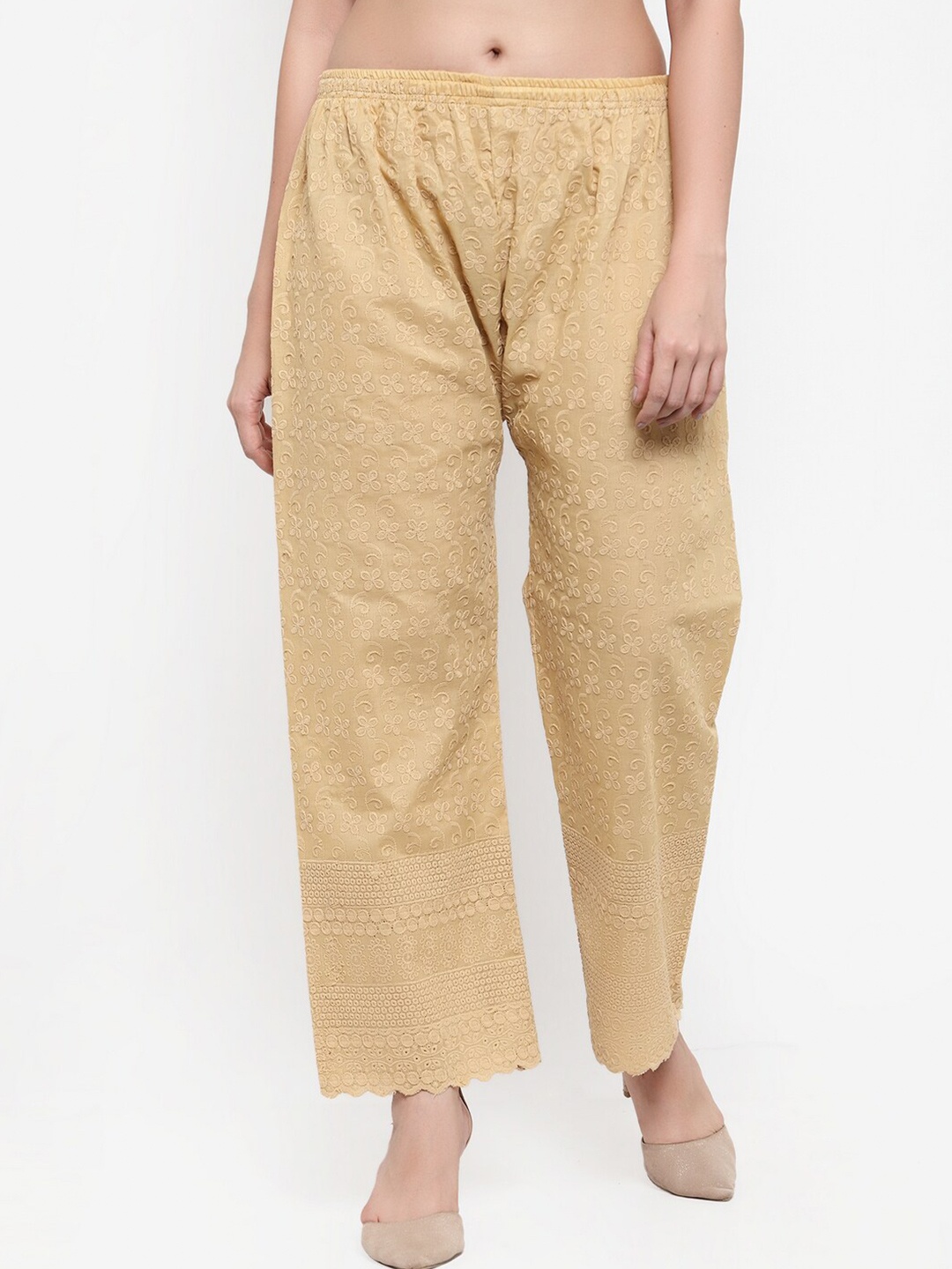

Miaz Lifestyle Floral Embroidered Chambray Straight Palazzos, Beige