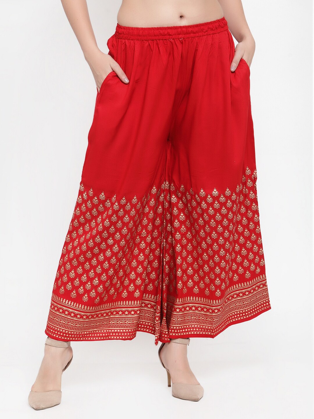 

Miaz Lifestyle Ethnic Motifs Printed Flared Chambray Palazzos, Red