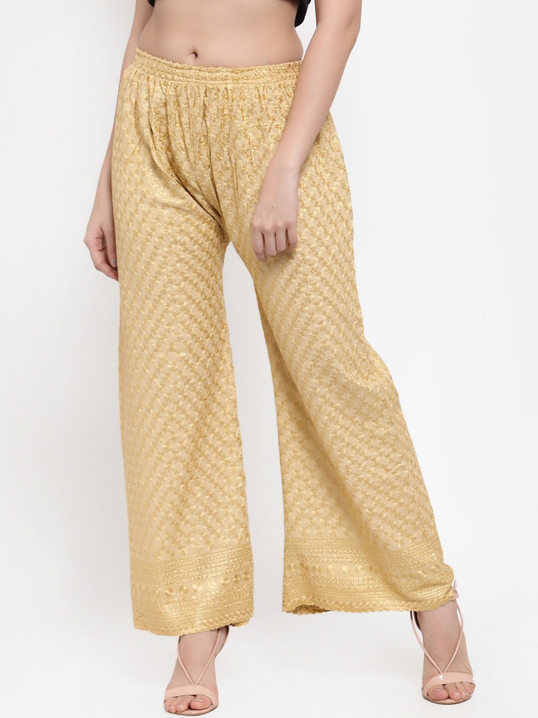 

Miaz Lifestyle Straight Floral Embroidered Chambray Palazzos, Beige