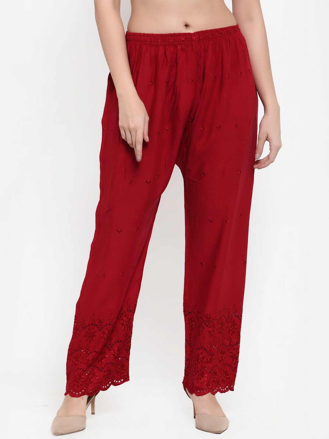 

Miaz Lifestyle Floral Embroidered Chambray Straight Palazzos, Maroon