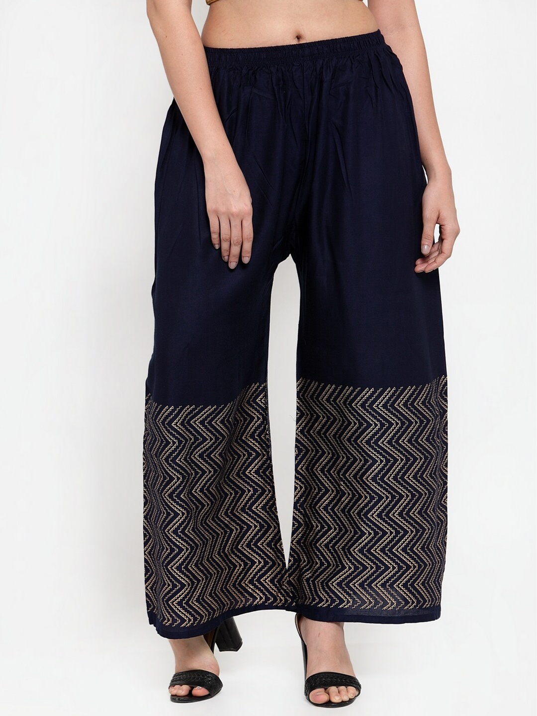 

Miaz Lifestyle Embroidered Chambray Straight Palazzos, Navy blue