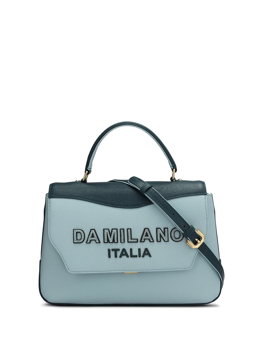 

Da Milano Typography Printed Leather Structured Handheld Bag, Blue