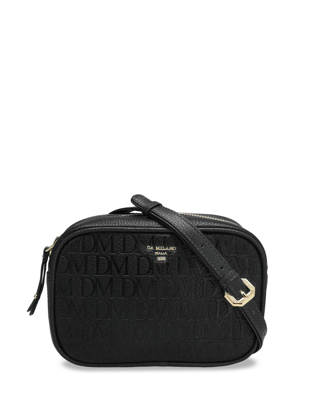 

Da Milano Typography Textured Leather Structured Sling Bag, Black