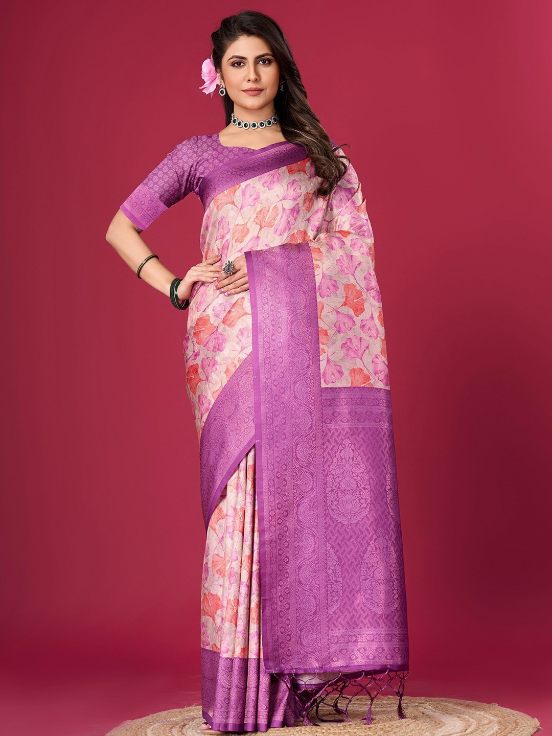 

Saree Exotica Floral Printed Zari Pure Silk Banarasi Sarees, Pink