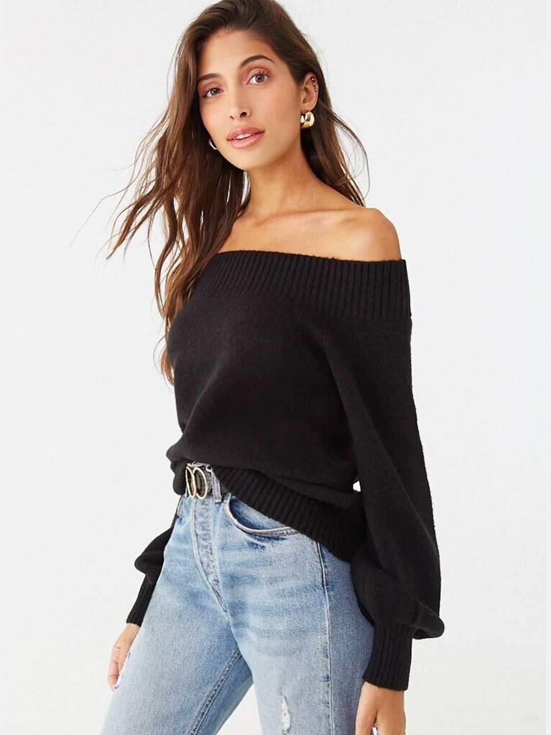 

FOREVER 21 Off-Shoulder Pullover Sweater, Black