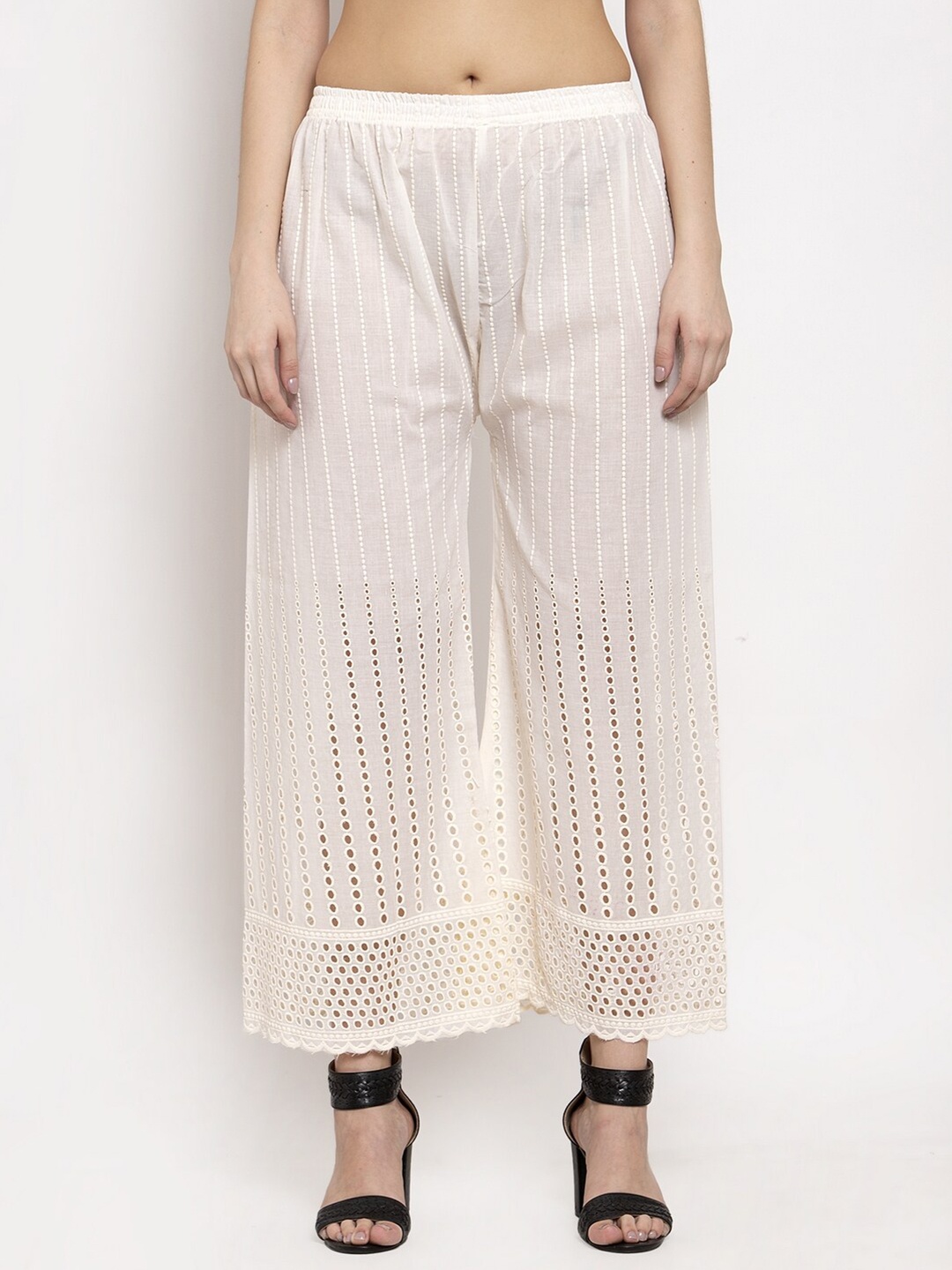 

Miaz Lifestyle Pack Of 2 Chambray Cotton Wide Leg Palazzos, Off white