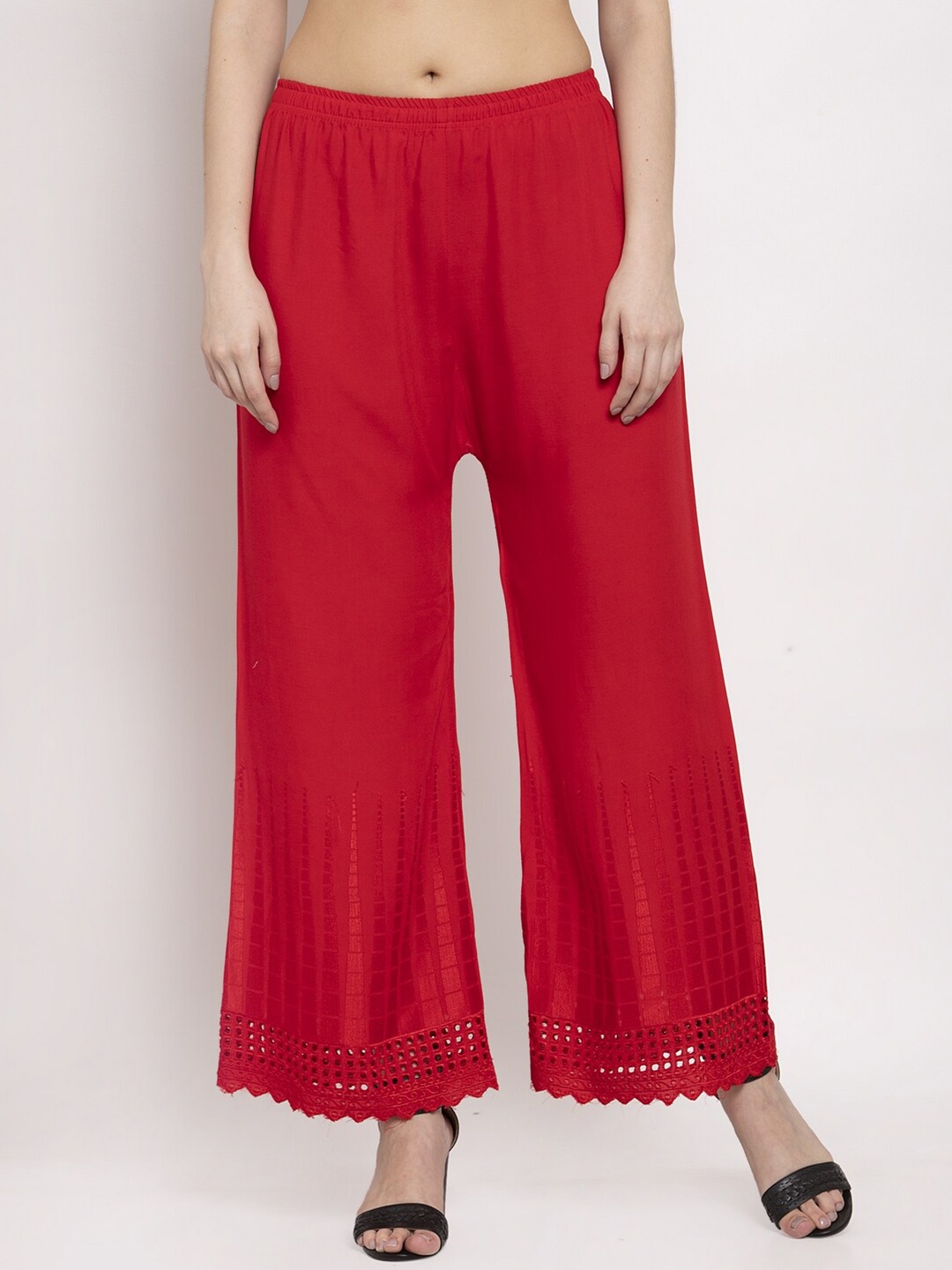 

Miaz Lifestyle Floral Hem Design Chambray Wide Leg Palazzos, Magenta