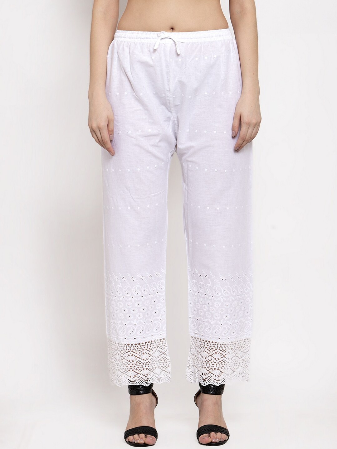

Miaz Lifestyle Straight Floral Embroidered Chambray Palazzos, White