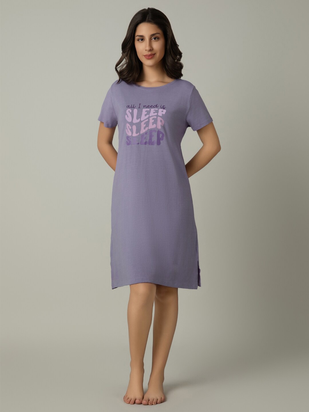 

Amante Typography Printed T-shirt Nightdress, Purple