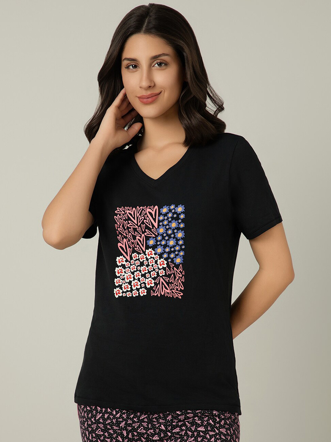 

Amante Floral Printed V-Neck Cotton Modal Lounge T-shirt, Black