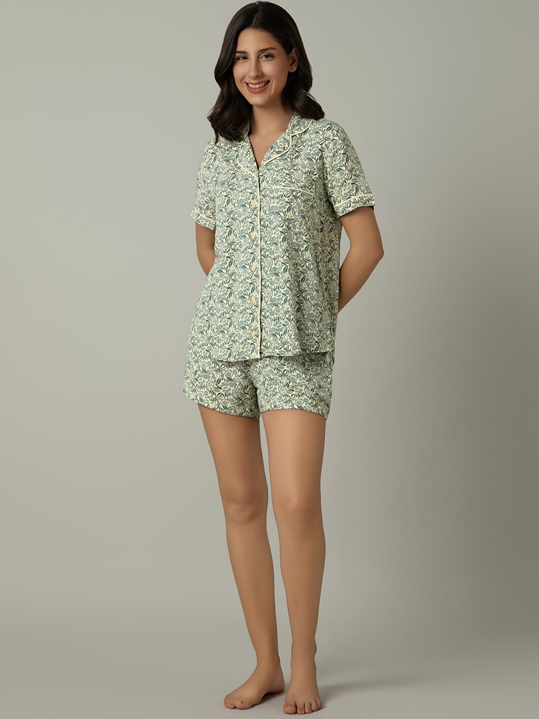 

Amante Floral Printed Lapel Collar Night Suit, Green
