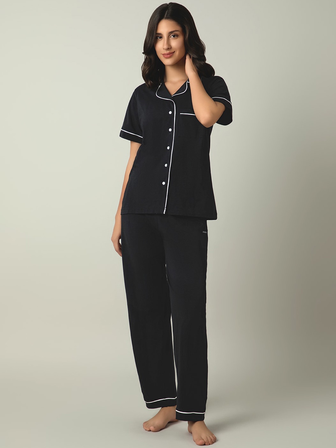 

Amante Lapel Collar Night Suit, Black