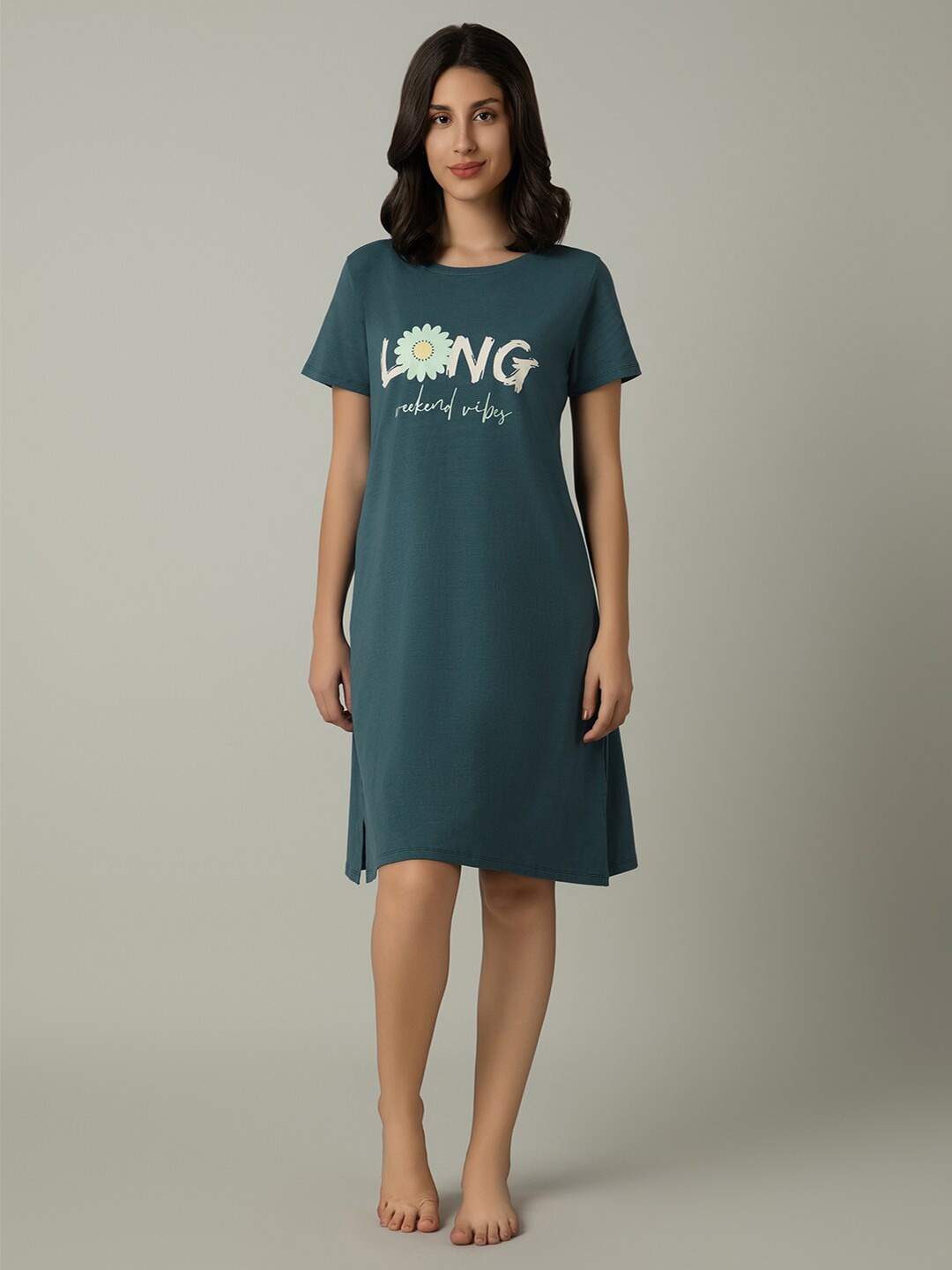 

Amante Typography Printed T-shirt Nightdress, Teal