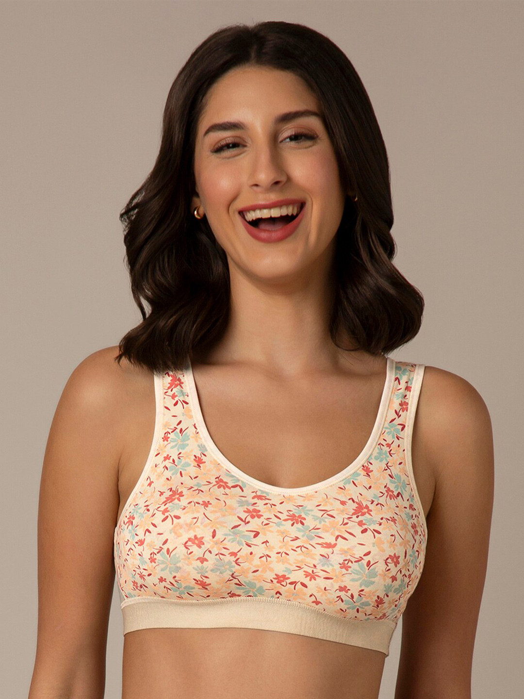 

Amante Floral Printed Full Coverage Lightly Padded Cami Bra- All Day Comfort, Beige