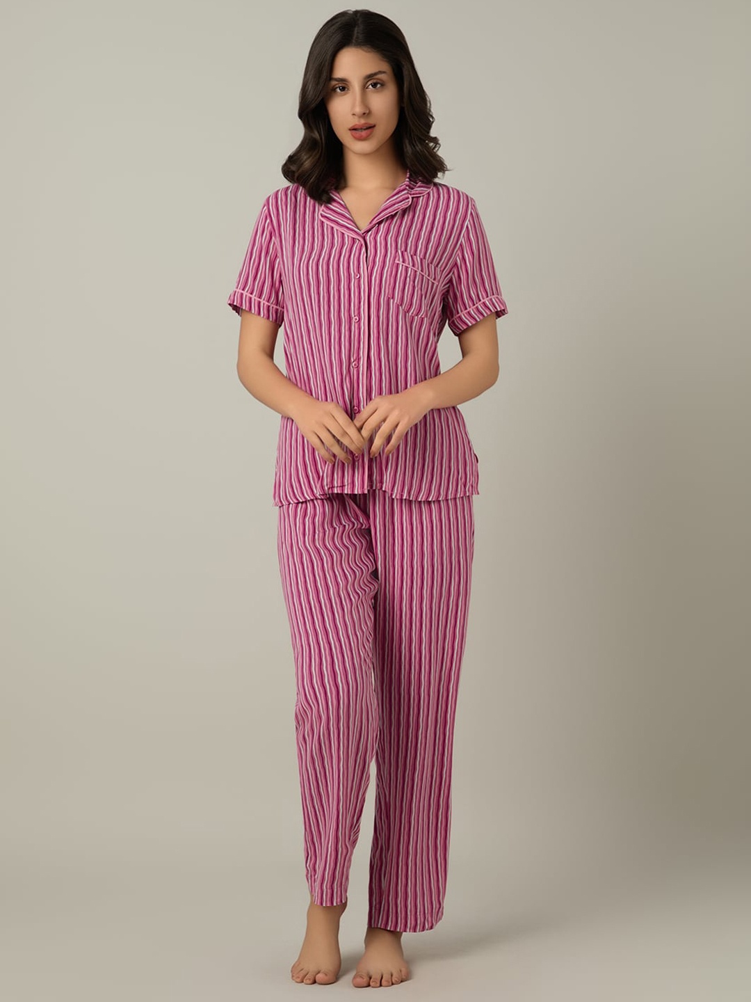 

Amante Striped Lapel Collar Night Suit, Purple