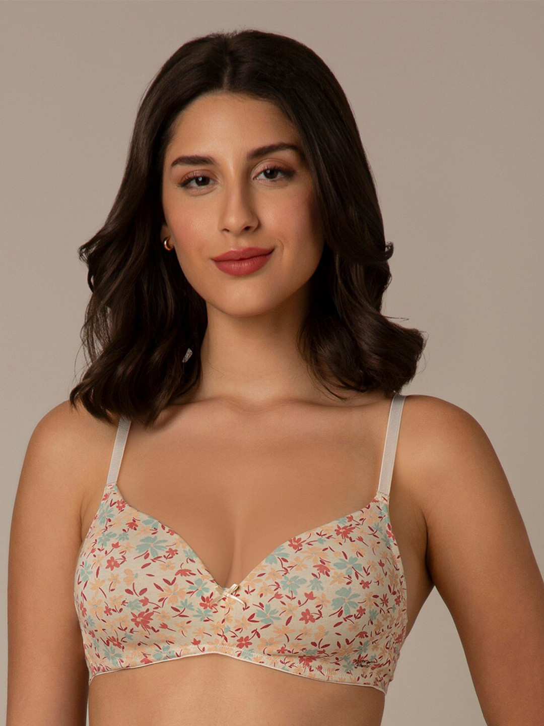 

Amante Floral Printed Full Coverage Lightly Padded T-shirt Bra- All Day Comfort, Beige