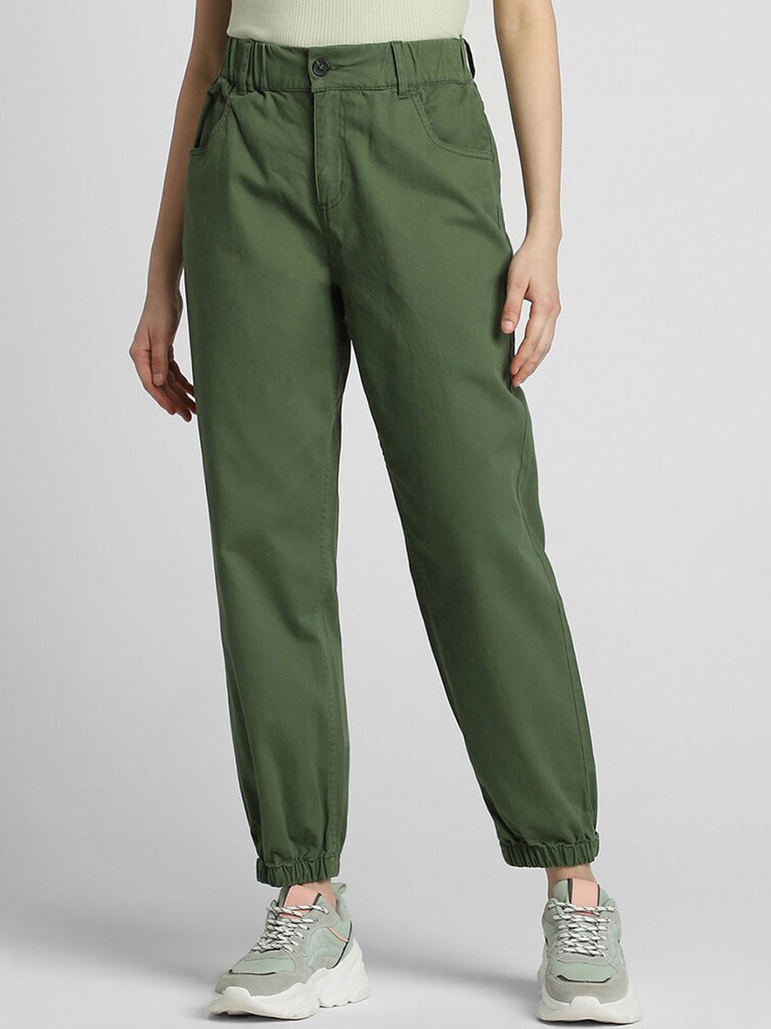 

FOREVER 21 Women High-Rise Pure Cotton Chinos Trousers, Green