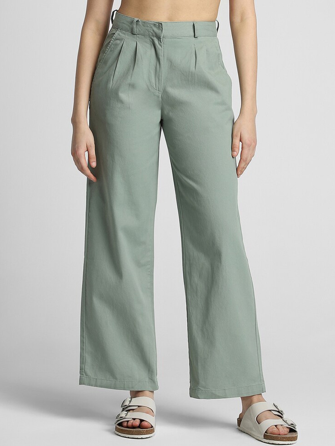 

FOREVER 21 Women High-Rise Cotton Trousers, Green