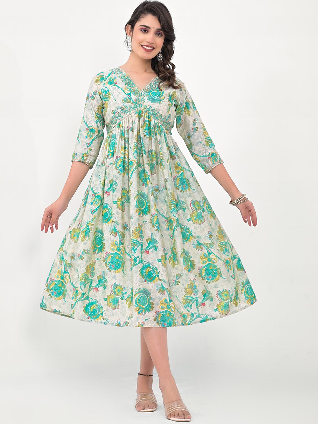 

Label Khoj Ethnic Motifs Printed A-Line Silk Ethnic Dress, Sea green