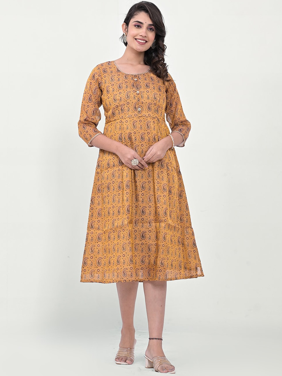 

Label Khoj Paisley Printed A-Line Ethnic Dress, Mustard