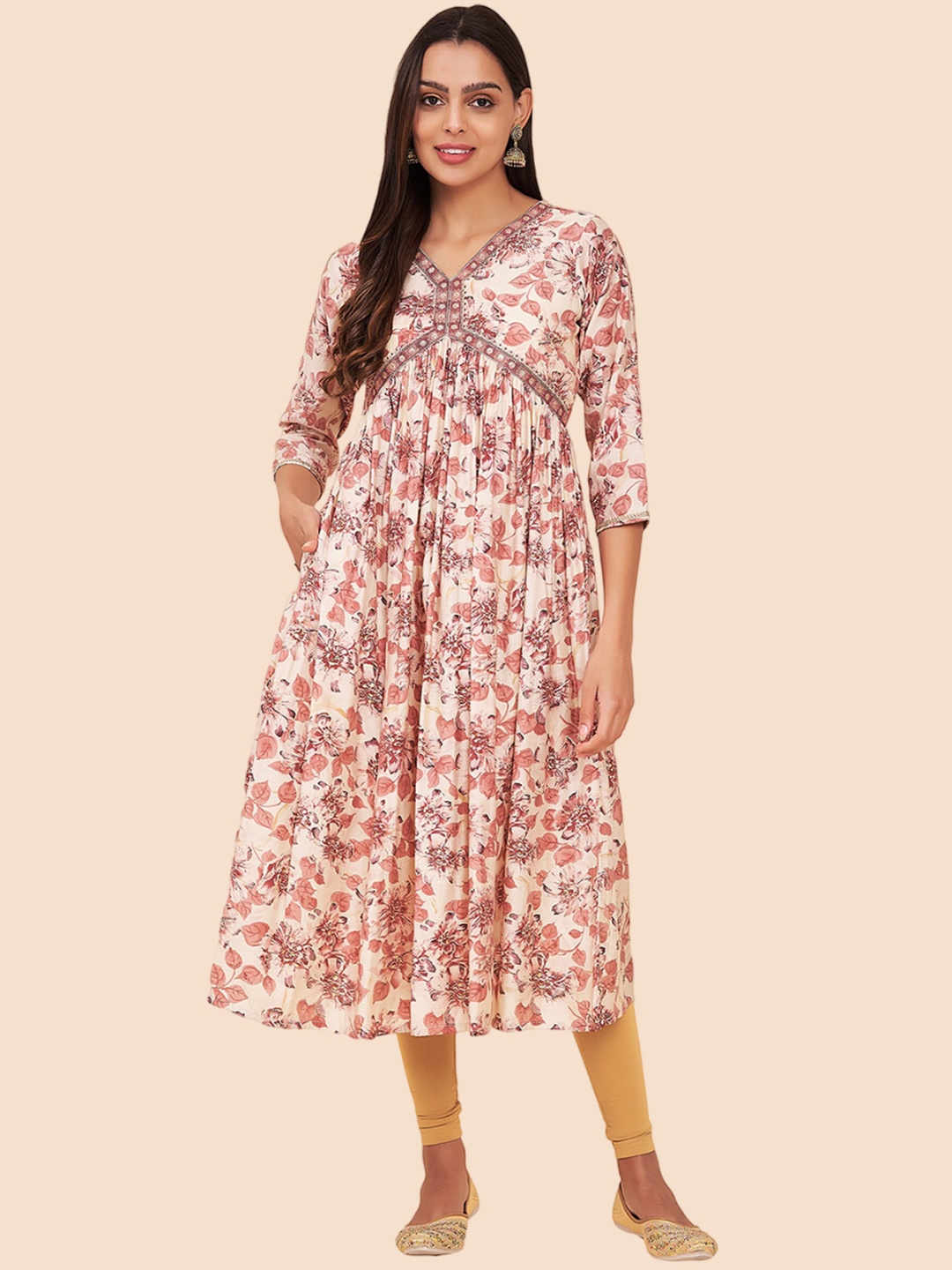

Label Khoj Floral Printed A-Line Flared Ethnic Empire Dress, Cream